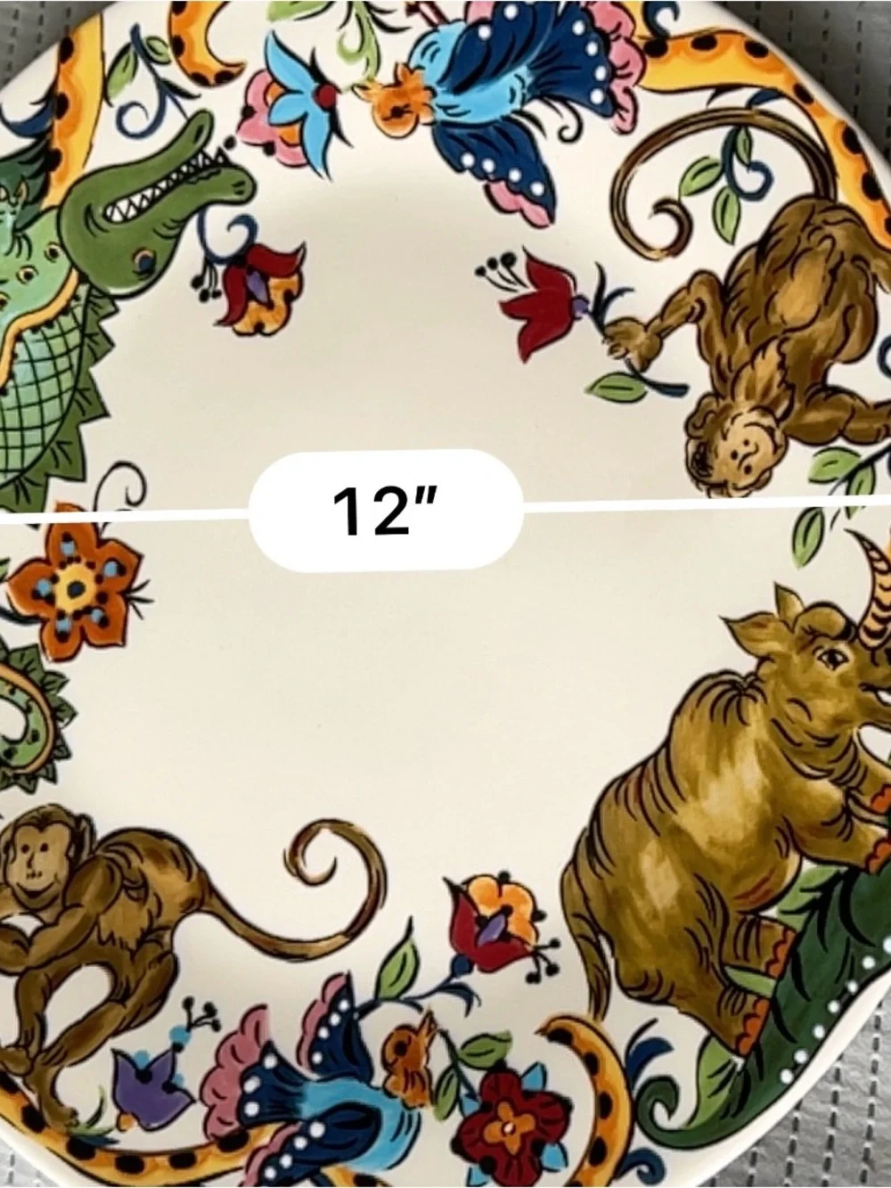 Hand-Painted Ceramic 12” Plate with Multicolor Animal Motif Cottage Collection